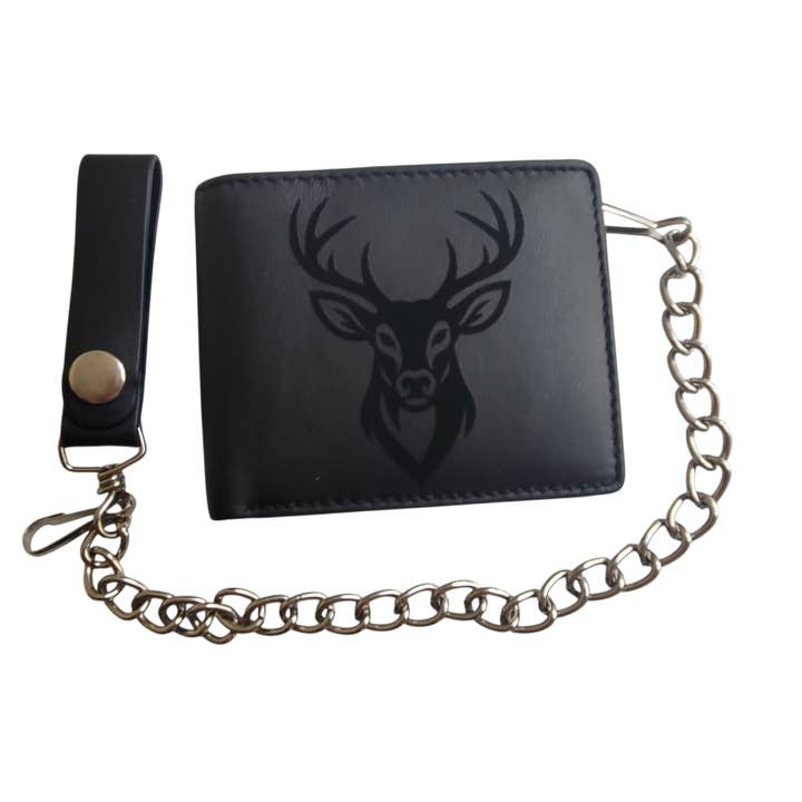 Genuine Leather Biker BiFold Black Wallet W 12" Chain Deer for wholesale by Megical Basket