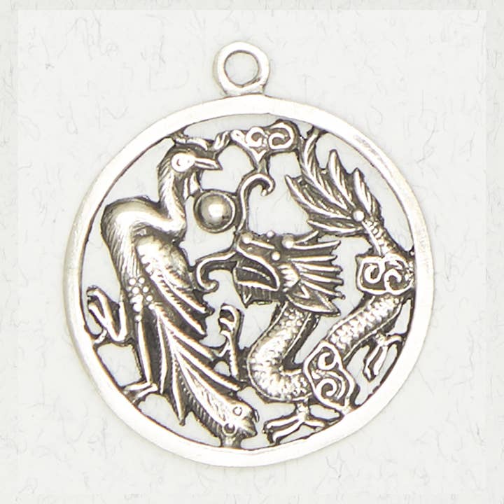 Nirvana - Venta al por mayor Abalorios/colgantes individuales - Collar Colgante de Peltre Budista - Dragón y Fénix