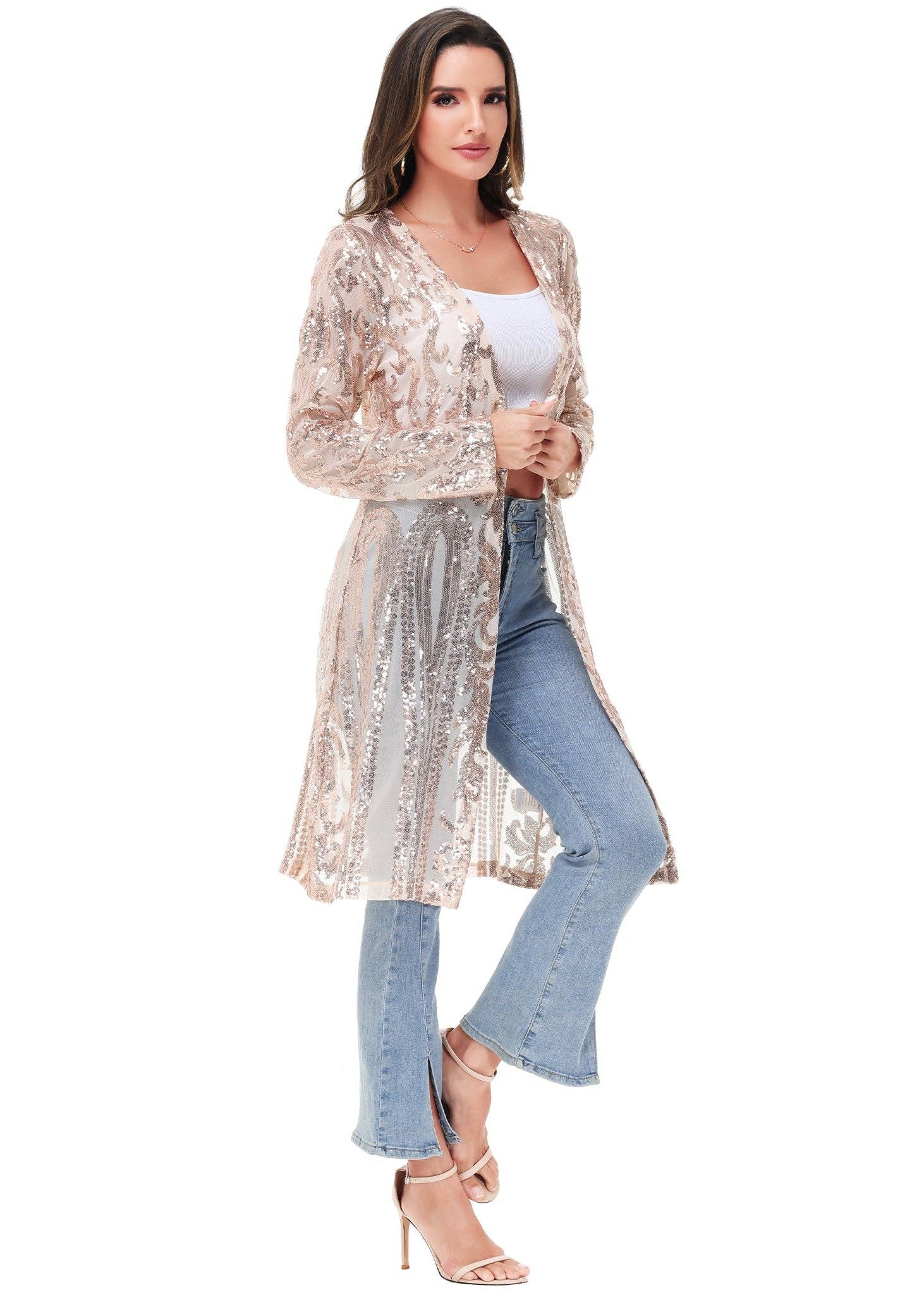Anna Kaci Wholesale - Vente Kimono – femme - Cardigan à paillettes pour femmes à manches longues et ouvert sur le devant2