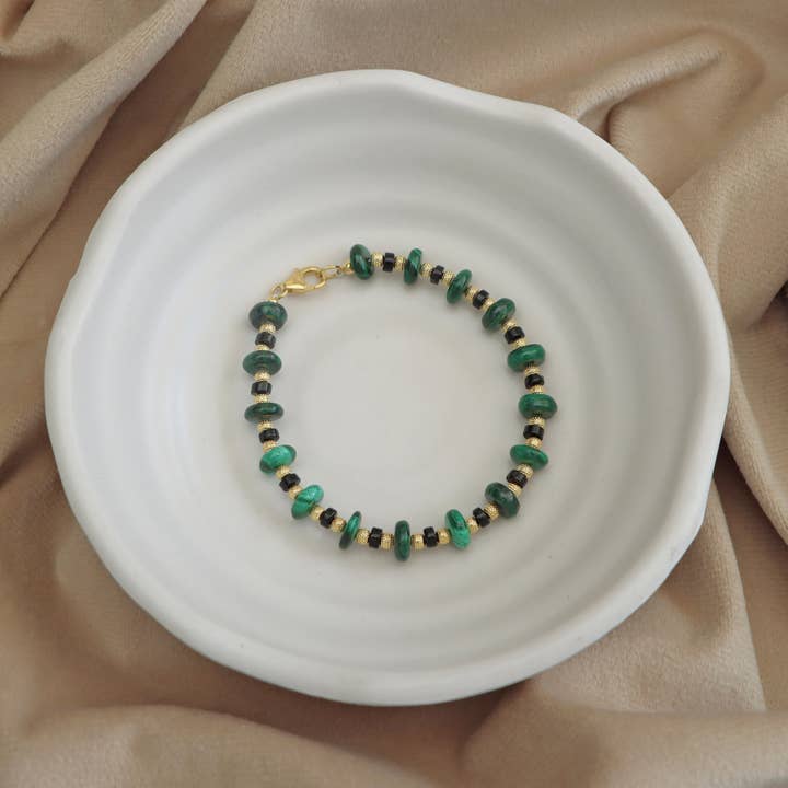 Malachite Black Onyx Rondelle Beaded Western Bracelet 7.8" for wholesale by Fine Facets