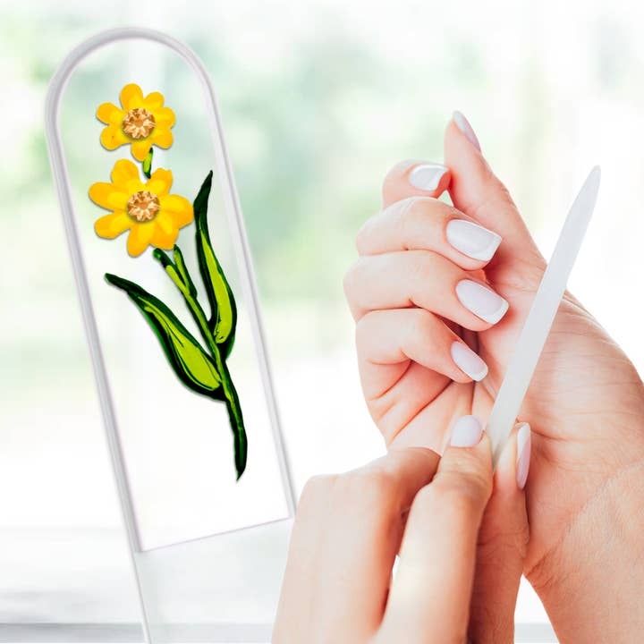 Merry Gold Yellow Flowers Hand Painted Crystal Nail File for wholesale by Classy Nail Files