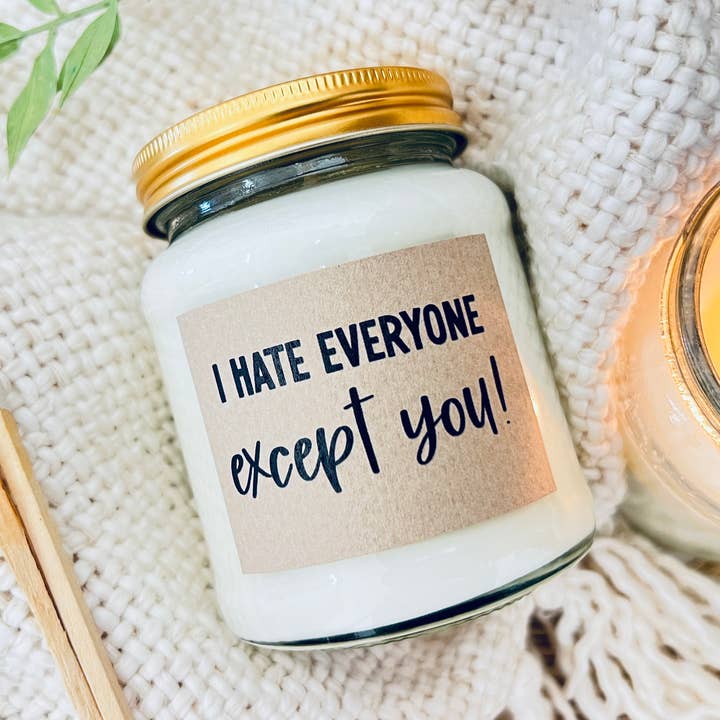 I hate everyone except you handmade soy scented candle for wholesale by Lollyrocket Candles Limited