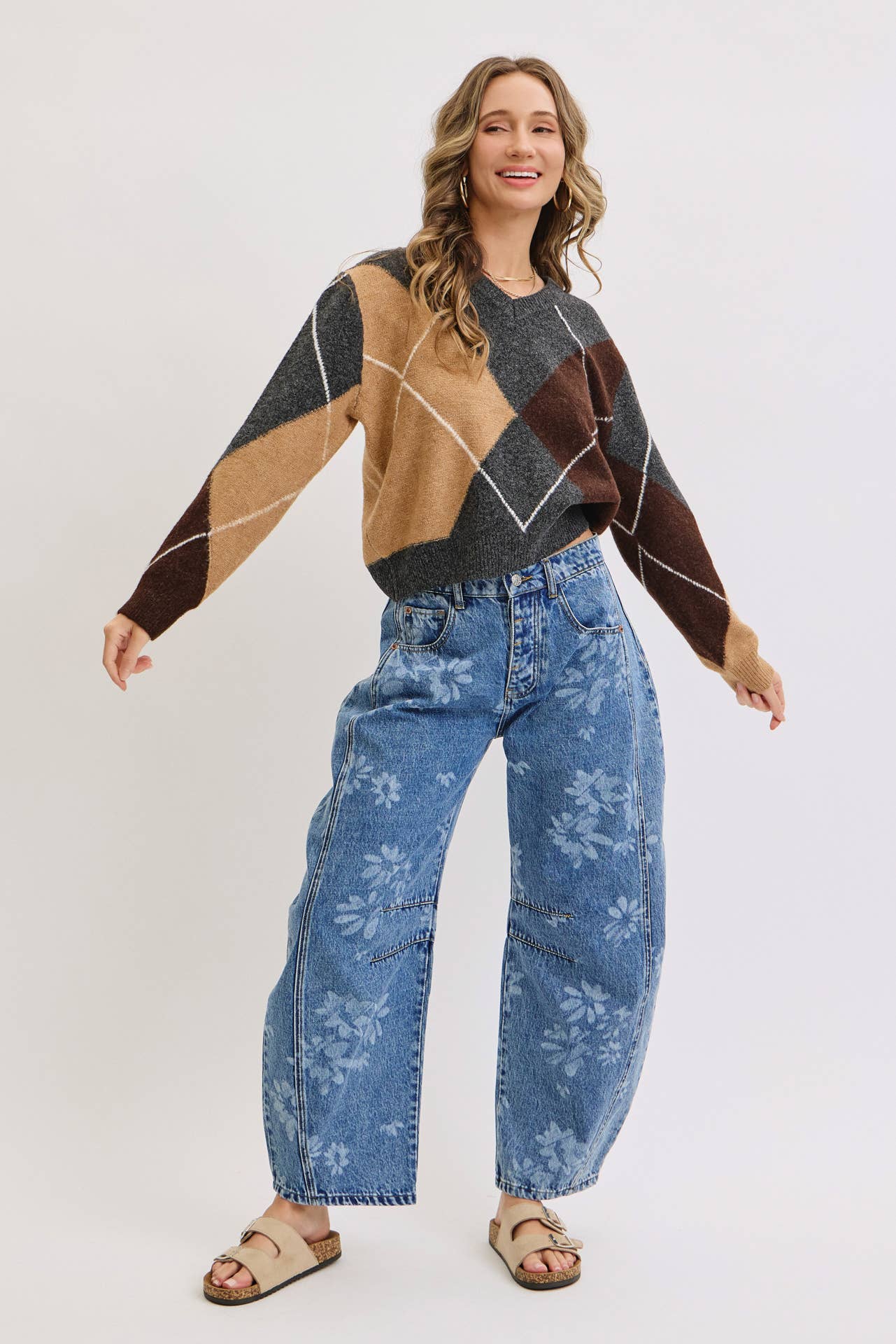 FLORAL PRINT DENIM BARREL JEANS for wholesale on Faire32