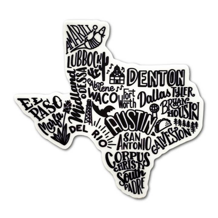 TX Cities Texas Sticker - waterproof, vinyl for wholesale by Shawna Smyth Studio