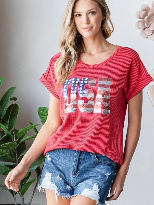 HEIMISH - Wholesale T-Shirt - Women's - ET7822-15 SOLID URBAN RIBB TOP WITH USA SEQUINS PATCH