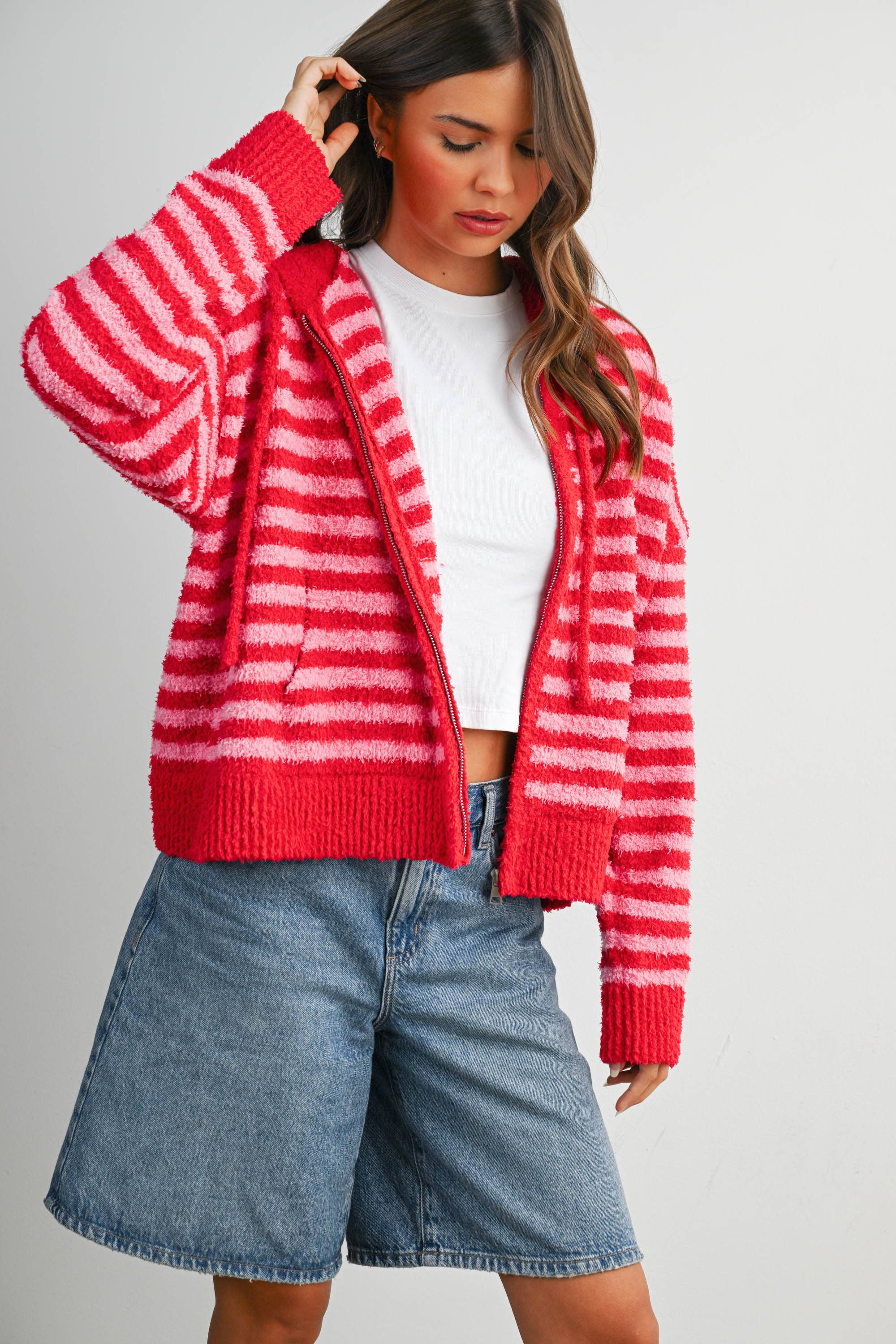 BUTTERMELON - Wholesale Knit Sweater - Women's - Striped Zip-Up Hooded Cardigan - BMC809720