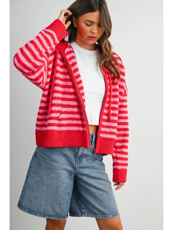 BUTTERMELON - Wholesale Knit Sweater - Women's - Striped Zip-Up Hooded Cardigan - BMC809720