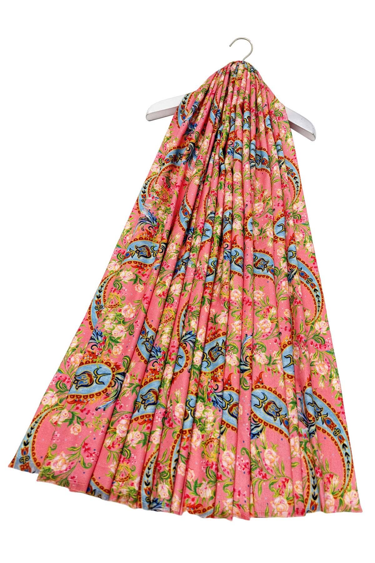 Salmon Pink Pretty Paisley Floral Print Wool Frayed Scarf for wholesale on Faire2