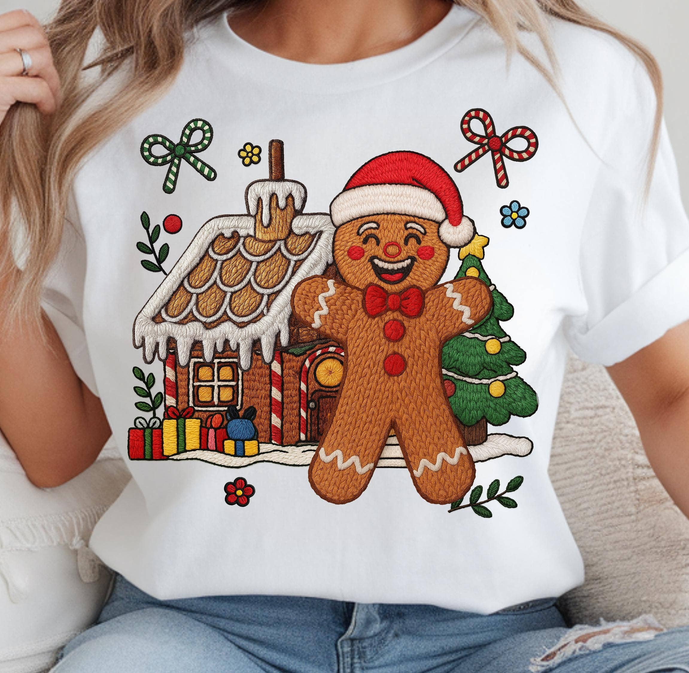 NVC Ecommerce LLC - Vente T-shirt à imprimés – femme - Faux Fil Crochet Bonhomme en Pain d'Épices T-shirt, Pull de Noël1