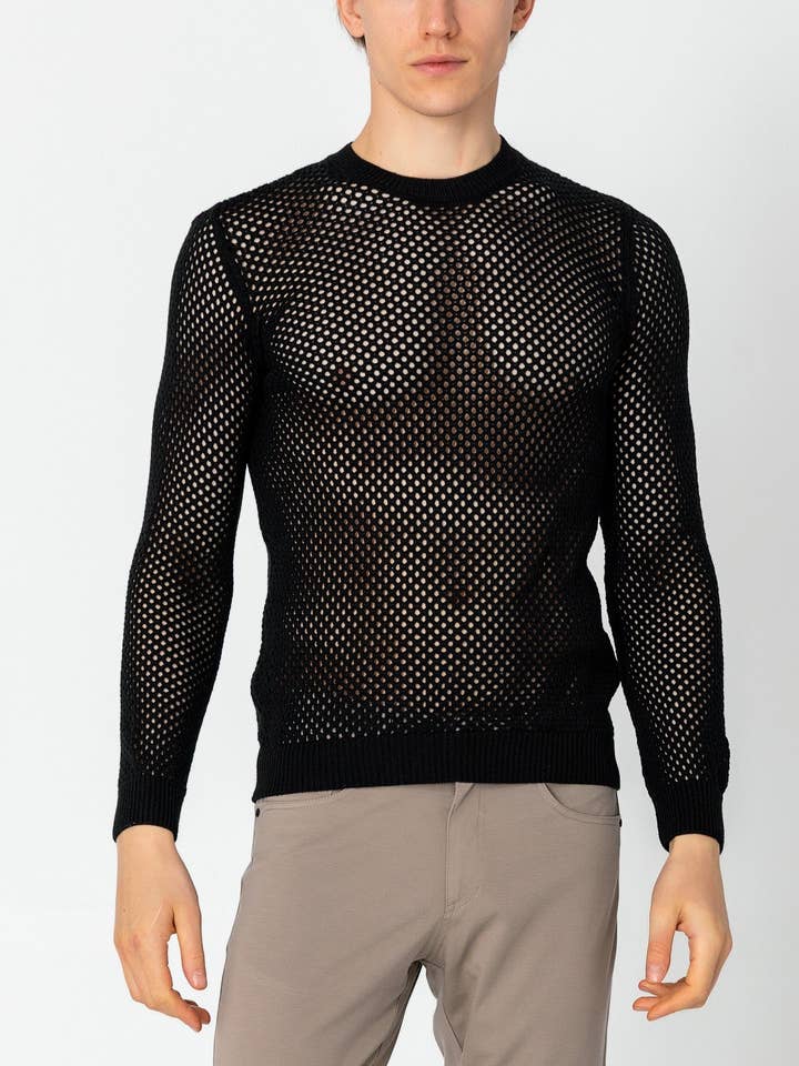 See Through Fishnet Muscle Fit Top - Black for wholesale by Ron Tomson