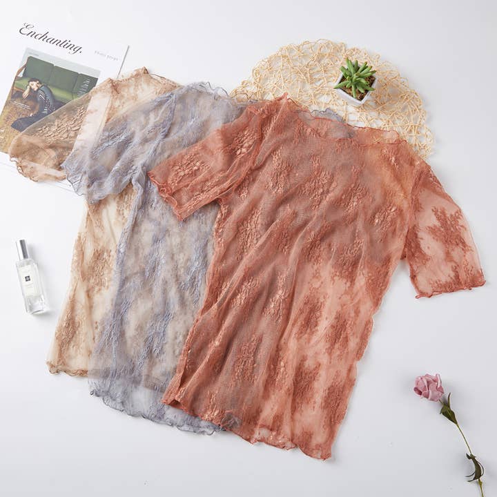 Rosa Clothing - Wholesale T-Shirt - Women's - Floral lace mesh see through short sleeve top - 6 colors