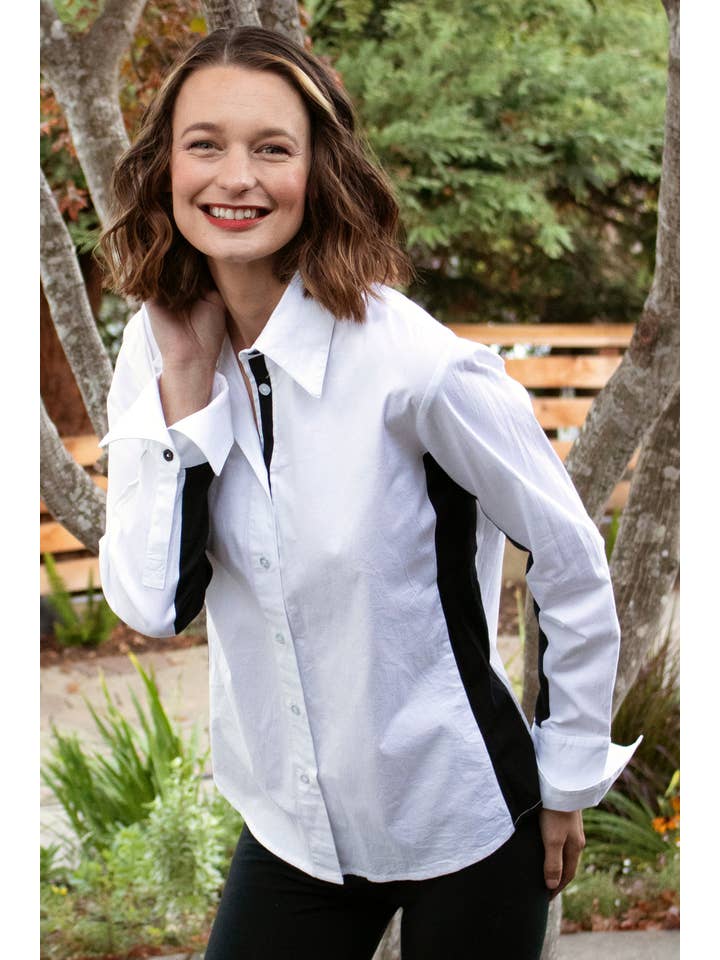 Dizzy-Lizzie – wholesale Buttoned-down shirt – Women's – White Rome Shirt with Black Side Stripe1