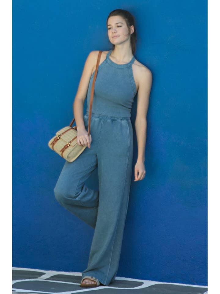 MINERAL WASHED RIBBED SIDE WIDE PANT for wholesale by Rae Mode