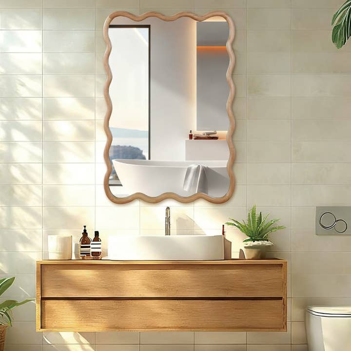 HOMYCASA DESIGN INC - Wholesale Wall Mirror - 24×36In Wavy Rect Solid Wood Decor Mirror Natural 10.6lb1