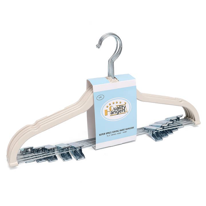 P412-IV 16.5" Ivory Slim Plastic Pant Skirt Hangers– 5 Packs for wholesale by Quality Hangers