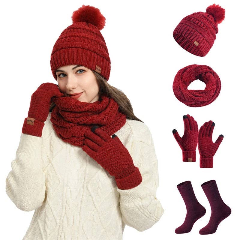 Burgundy Knitted Hat Scarf Gloves Socks Set for wholesale on Faire0