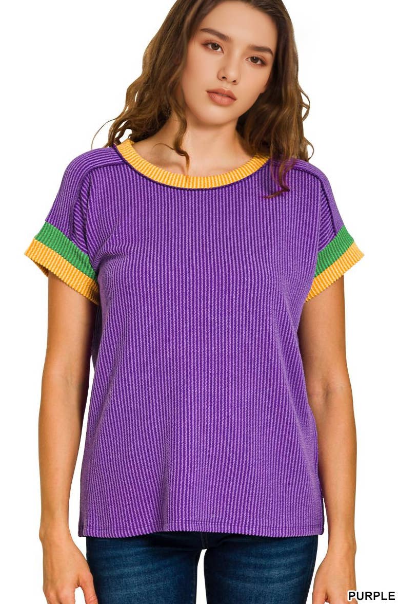 42POPS - Wholesale Knit Top - Women's - ,..._ Mardi Gras Tri-color Contrast Trim Top SI-28853