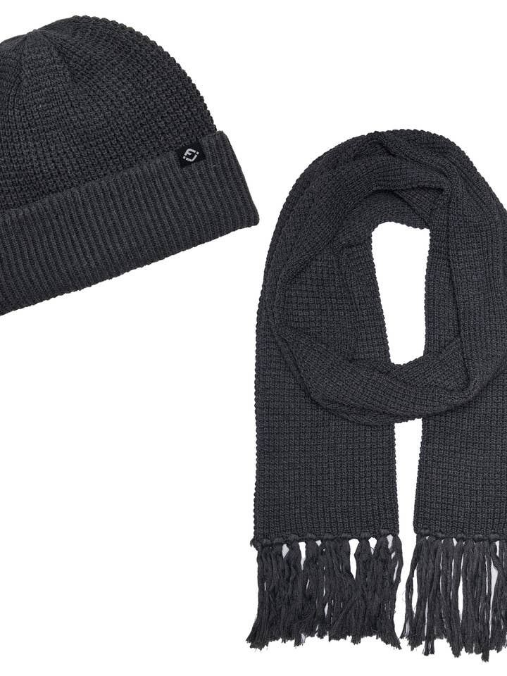 Waffle Knit Matching Beanie & Scarf Bundle - Charcoal for wholesale by Funky Junque