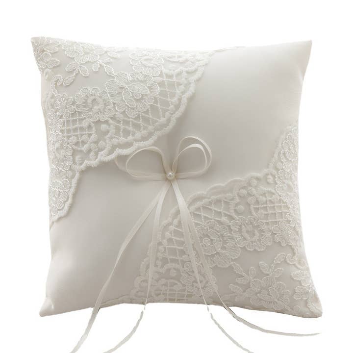 Ivory Wedding Ring Bearer Pillow with Satin, Lace, and Pearl for wholesale by Floris Linens