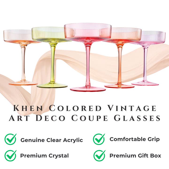 The Wine Savant / Khen Glassware - Wholesale Cocktail/Liquor Glass - Colored Vintage Art Deco Coupe Glass | Set of 5, 7 OZ
