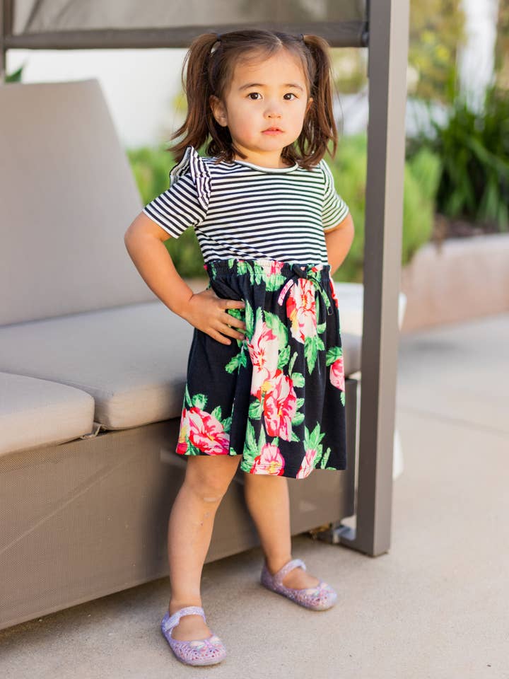 Tickled Teal - Wholesale Dress - Kids - Girls Stripe Floral Ruffle Dress