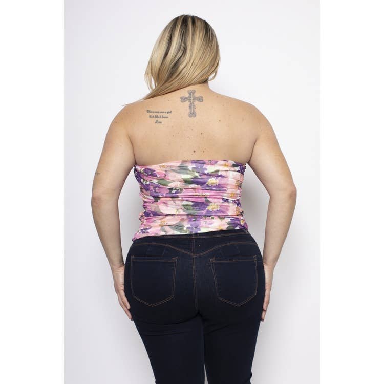 Curve Market - Venta al por mayor Corsé - Mujer - TOP DE TUBO CON CORSÉ FRUNCIDO LATERAL CON ESTAMPADO FLORAL DE MALLA DE TALLA GRANDE2