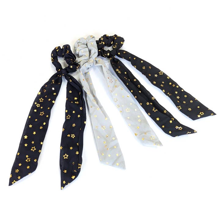 Stars Print Hair Scrunchie with Tassel - 12 Assorted for wholesale by Black Ginger