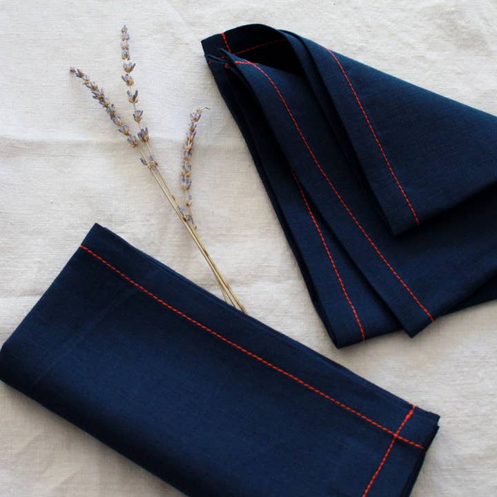 My Kitchen Linens - Wholesale Dinner & Cloth Napkin - Navy Linen Napkins with Red Stitch, Set of 43