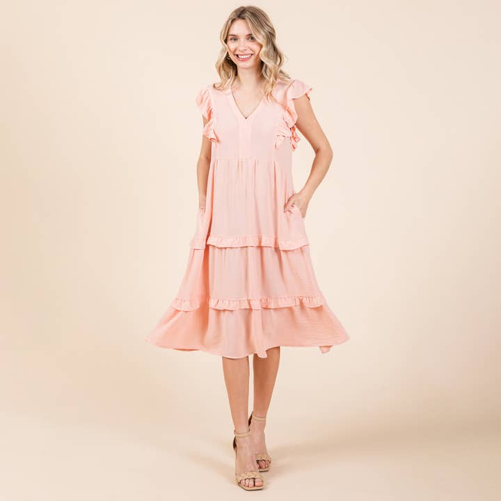 ROLYPOLY - Wholesale Dress - Women's - Ruffled Cap Sleeve Tiered V neck Midi dress