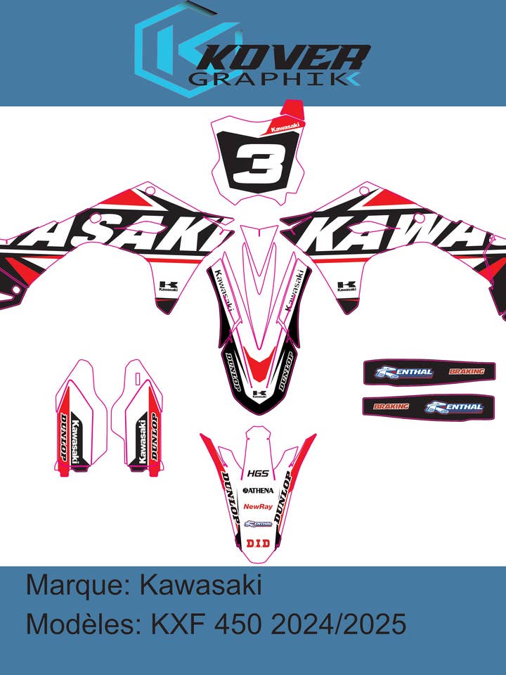 Kawasaki KXF 450 2024-2025 Decokit – Design Factory Racing Zwart/Rood | Kover Graphik voor wholesale door kover graphik