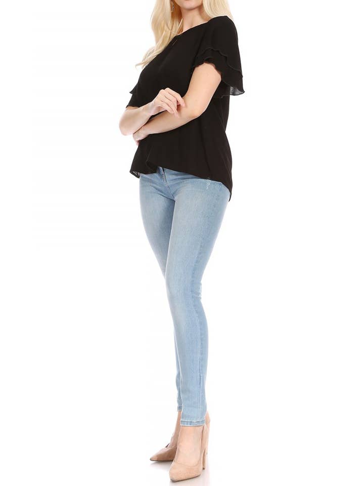 MOA COLLECTION - Wholesale Blouse - Women's - Casual Solid Flowy Short Flutter Sleeve Key Hole Blouse3