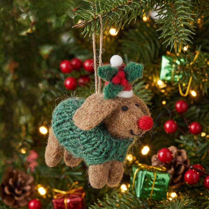 Handmade Felt Rudolph Dachshund Dog Hanging Christmas Decor for wholesale by Felt So Good