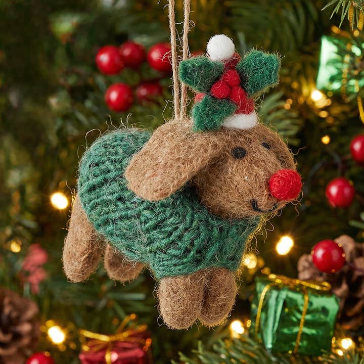 Handmade Felt Rudolph Dachshund Dog Hanging Christmas Decor for wholesale by Felt So Good