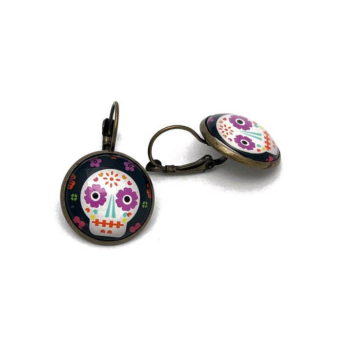 Postage Stamp Jewelry - Vente Boucles d'oreilles pendantes - Fête des morts 2021 - Sugar Skull - Timbre américain - Bijoux de timbres-poste - Boucles d'oreilles timbres-poste - Boucles d'oreilles à clip françaises en finition bronze1