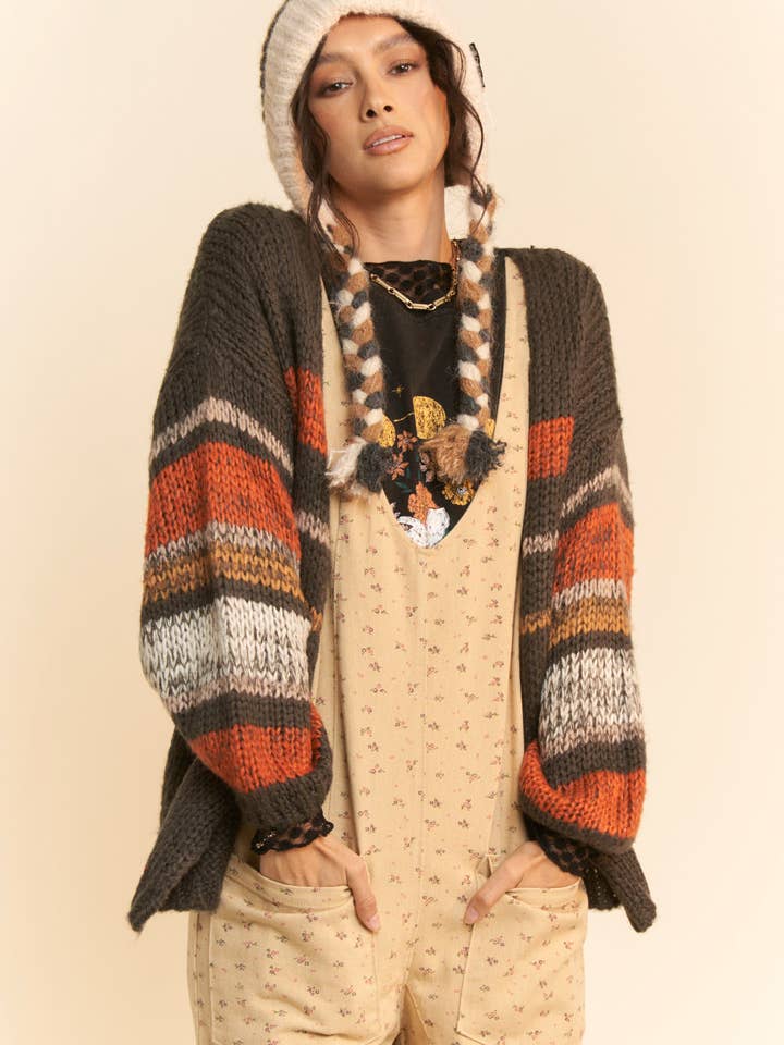 Charcoal Gray MULTI STRIPED DROP SHOULDER SHORT LENGTH CARDIGAN for wholesale on Faire
