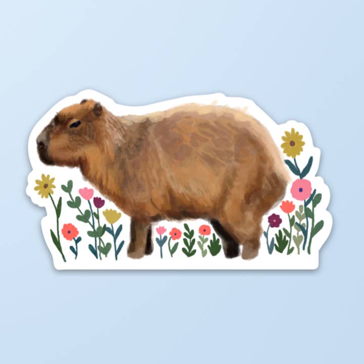 Capybara with Flowers - Weatherproof Vinyl Sticker for wholesale by Dumblebunny Crafts
