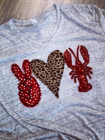 Peace, Love, Crawfish Tee for wholesale by Sew Fancy Designs