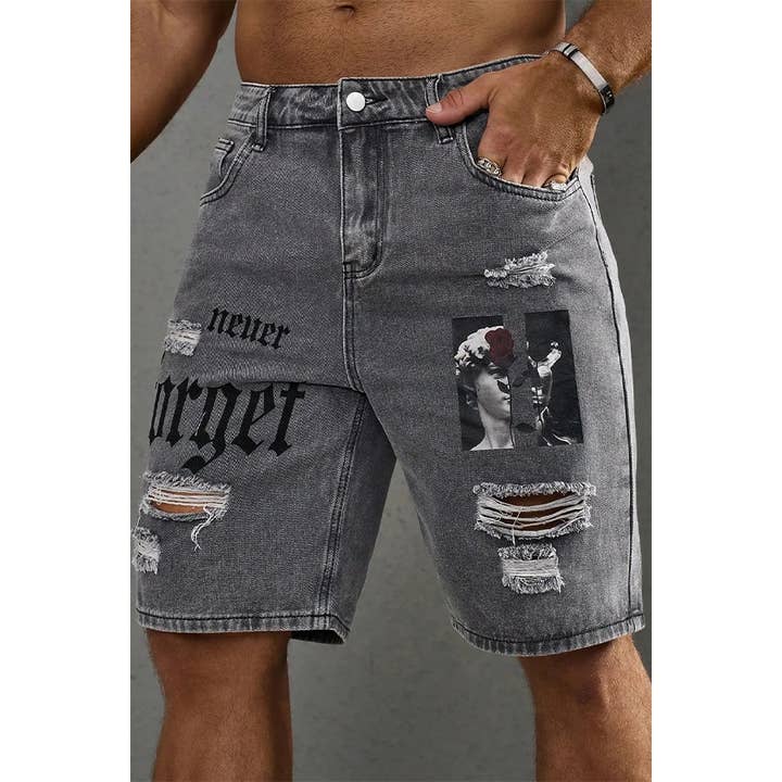 Men Streetwear Letter Ripped Baggy Denim Shorts for wholesale by Paperdoll