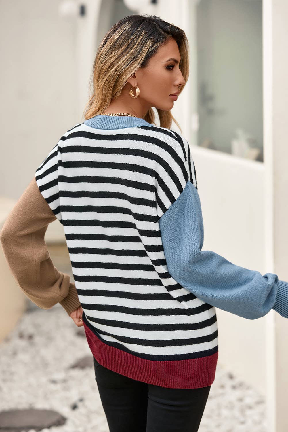 Noir Pull chic à manches rayées en colorblock noir LDC en vente sur Faire2