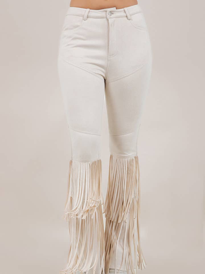 SIP6434B DOUBLE FRINGE BOOT CUT FAUX SUEDE PANTS for wholesale by Saints & Hearts