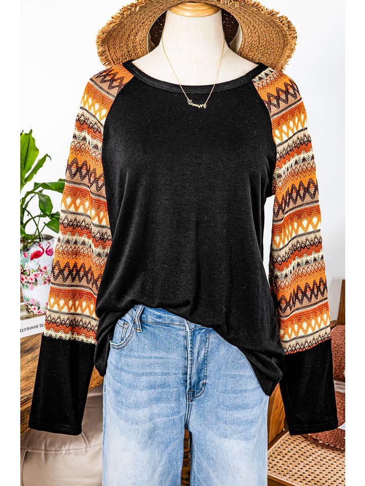 AS SHOWN Fashion-W Western Fall Geo Raglan Patchwork Long Sleeve Tee for wholesale on Faire2