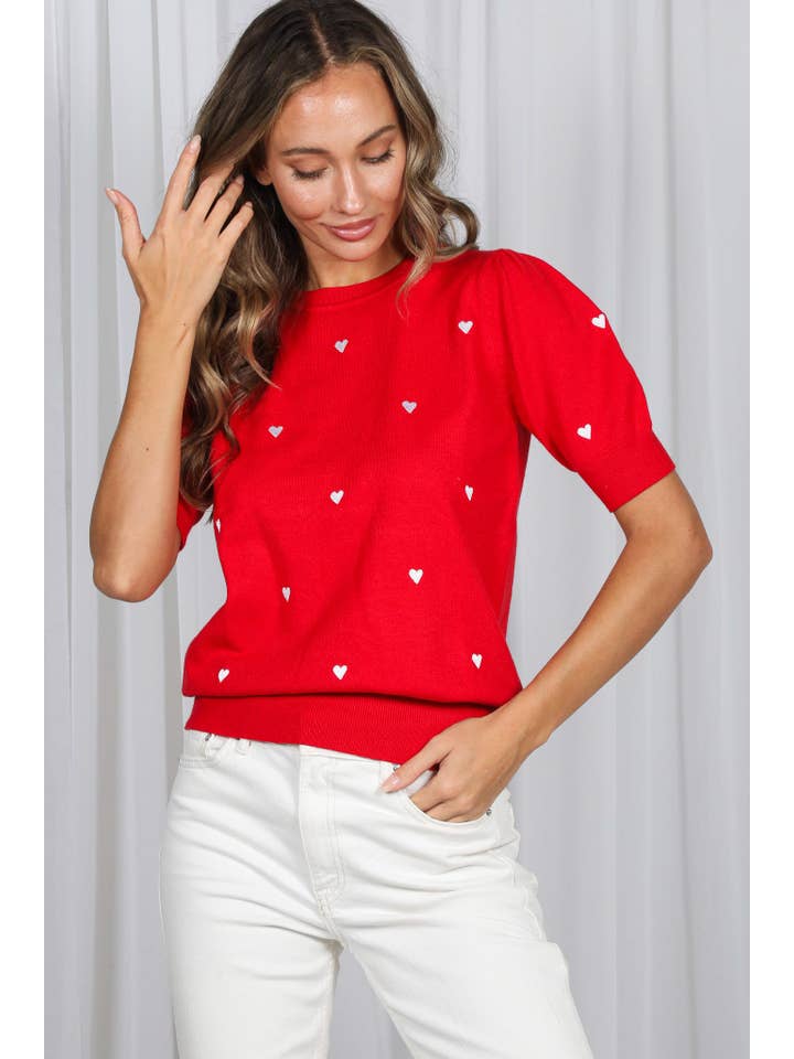 Vine & Love - Wholesale Knit Sweater - Women's - Sweetheart Embroidery Short Puff Knitted Sweater VT82686C4