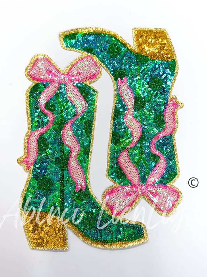 Pink Bow Lucky Boots St Patricks Day Sequins Patch for wholesale by ABLNco