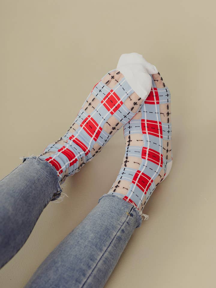 PAPERSELF - Wholesale Socks - Women's - Tartan Sheer Socks - Blue & Red