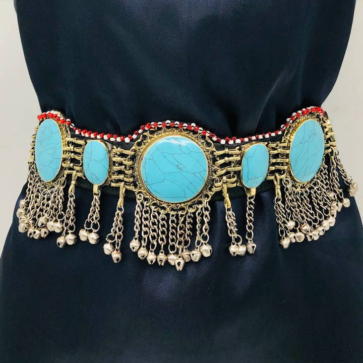 vintarust - Wholesale Riem - Dames - Afghan Kuchi Turquoise Stenen Buikriem met zilveren bellen