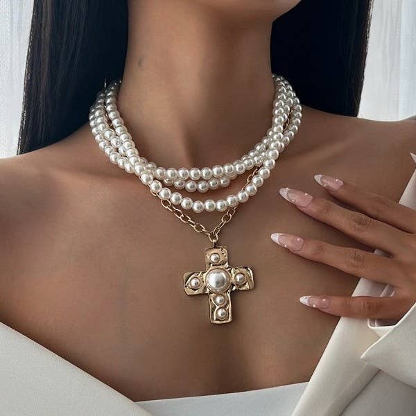 GOLD MULTI WRAP PEARL BEADED CROSS CHARM NECKLACE | 40NK9599 for wholesale on Faire