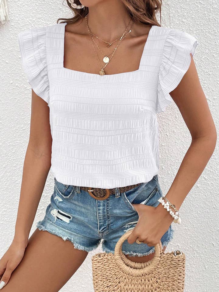 Seaside Vacation Square neck ruffle shoulder loose top for wholesale by HIDDENBRAND
