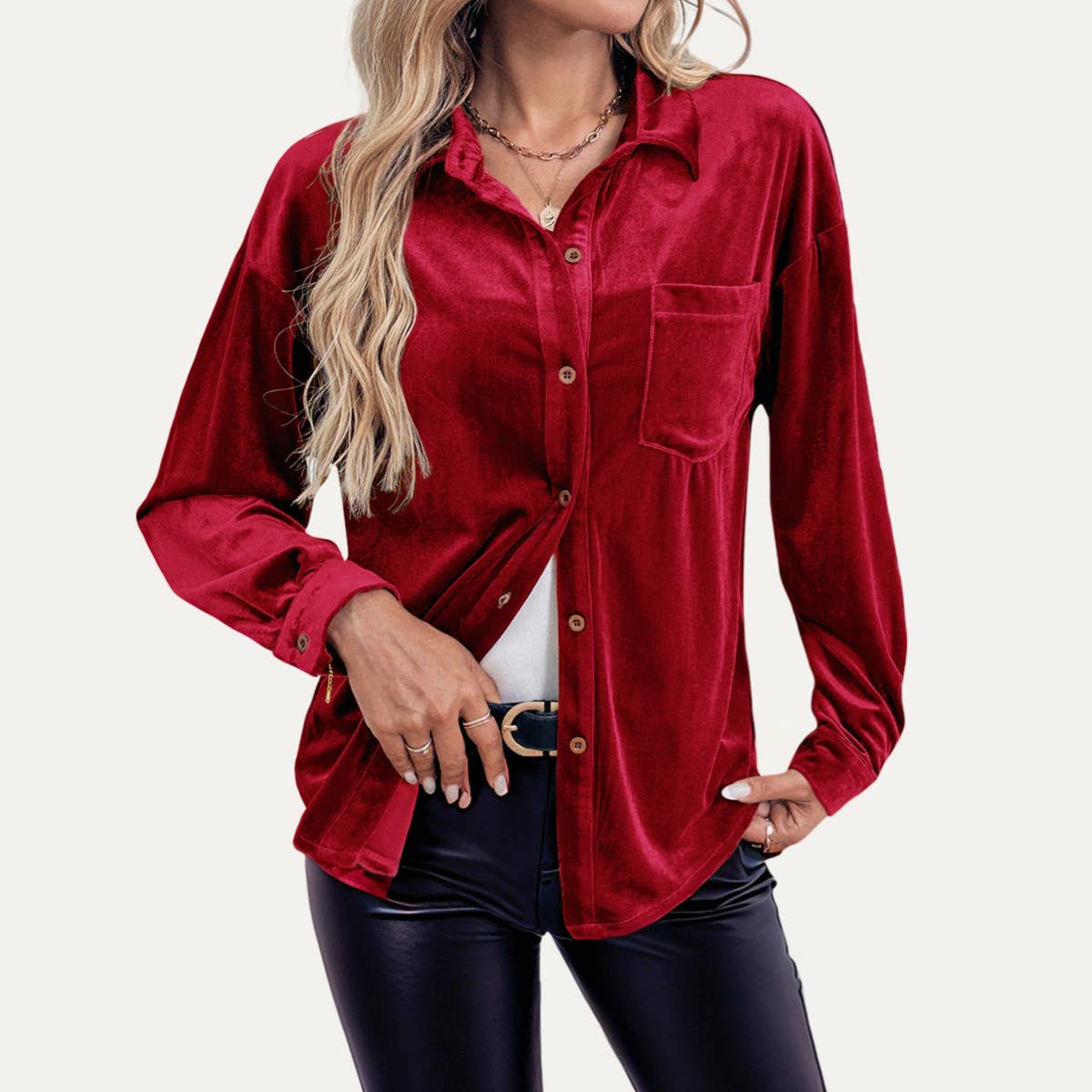 The Moment Collection - Wholesale Shirt - Women's - Classic Velvet Collared Long Sleeve Button-Up Shirt0