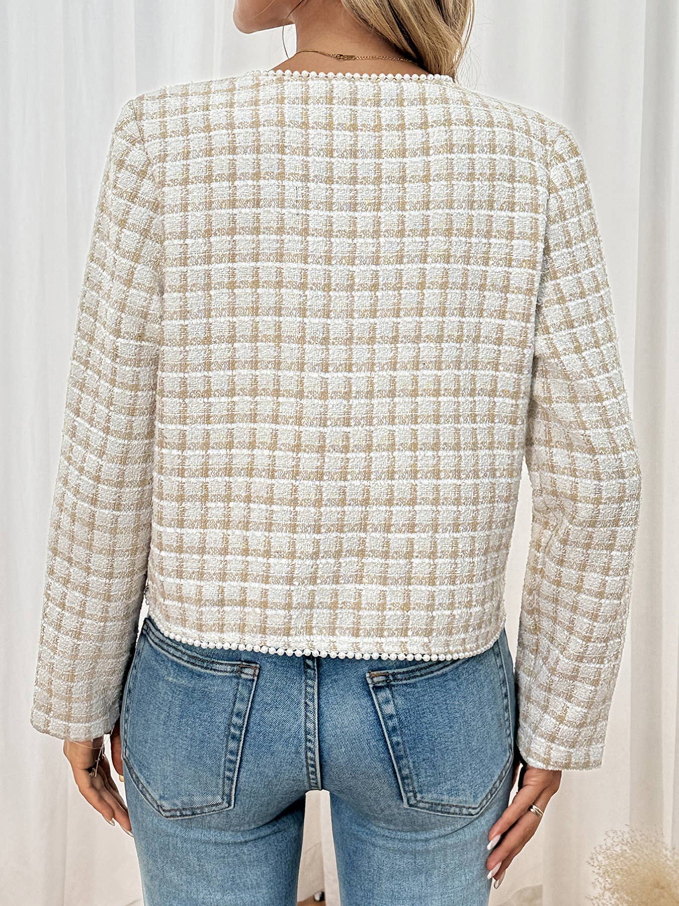 Beige Plaid Tweed Button-Up Jacket with Pearl Trim for wholesale on Faire2