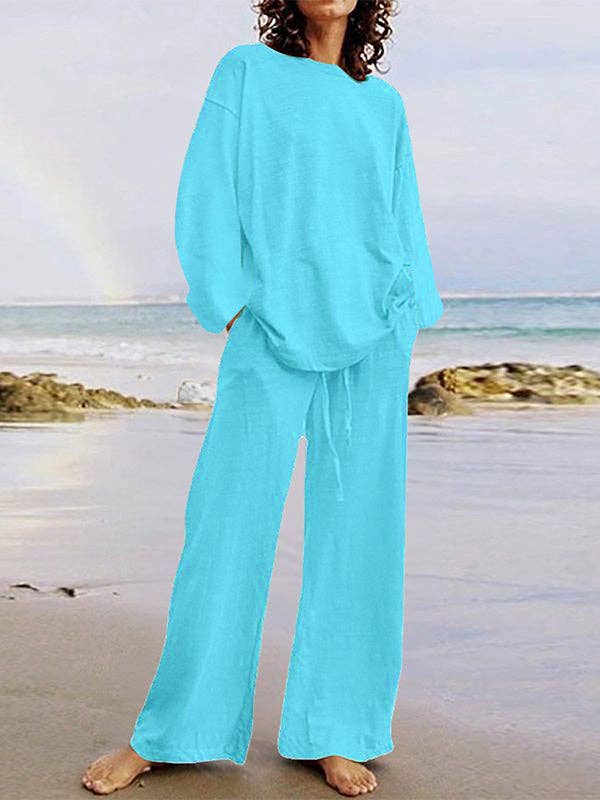 Plush Looks - Venta al por mayor Conjuntos de top y pantalón (NO para estar en casa) - Mujer - Conjunto de camisas holgadas de manga larga con cuello redondo y pantalones con cordón en la parte inferior de dos piezas